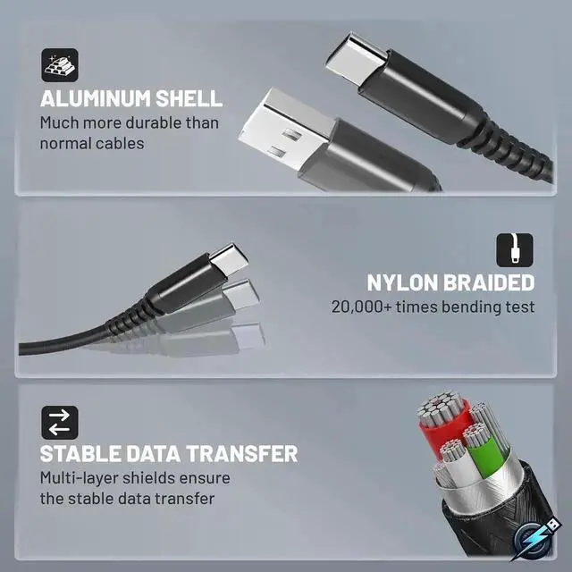 Alt view image 4 of 7 - WRIARICH 5 Pack Braided USB-A to USB-C Fast Charging Cables, 3FT×2 + 6FT×2 + 10FT, 60W QC3.0 3.1A 10Gbps Data Cord for iPhone 15, MacBook Pro, Galaxy S23, Pixel & Game Consoles