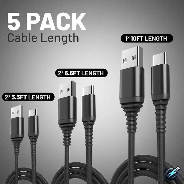 Alt view image 5 of 7 - WRIARICH 5 Pack Braided USB-A to USB-C Fast Charging Cables, 3FT×2 + 6FT×2 + 10FT, 60W QC3.0 3.1A 10Gbps Data Cord for iPhone 15, MacBook Pro, Galaxy S23, Pixel & Game Consoles