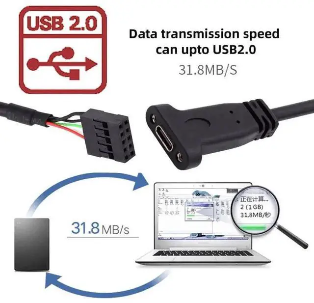 Alt view image 2 of 6 - WRIARICH 17cm USB 2.0 9/10Pin Header Male to USB-C Female Extension Cable with 12cm PCI-E Slot Bracket, PC Chassis Back Panel Port Adapter