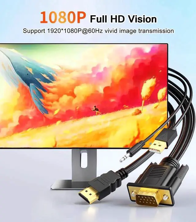 Alt view image 7 of 7 - WRIARICH 6FT VGA to HDMI Adapter Cable with Audio & USB Power, 1080P@60Hz Unidirectional VGA Source to HDMI Display Cord for PC Laptop Monitor TV Projector