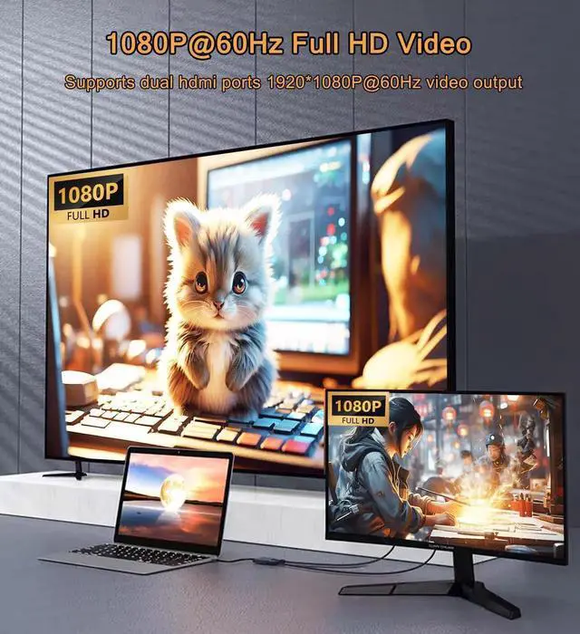 Alt view image 4 of 7 - WRIARICH USB 3.0 to Dual HDMI Adapter, USB to Dual Monitor Display Converter Support 1080P 60Hz Audio Video, Only for Windows Laptops Desktops