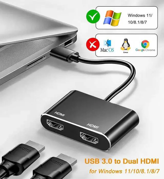Alt view image 2 of 7 - WRIARICH USB 3.0 to Dual HDMI Adapter, USB to Dual Monitor Display Converter Support 1080P 60Hz Audio Video, Only for Windows Laptops Desktops