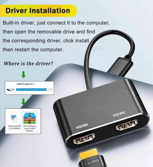 Alt view image 6 of 7 - WRIARICH USB 3.0 to Dual HDMI Adapter, USB to Dual Monitor Display Converter Support 1080P 60Hz Audio Video, Only for Windows Laptops Desktops