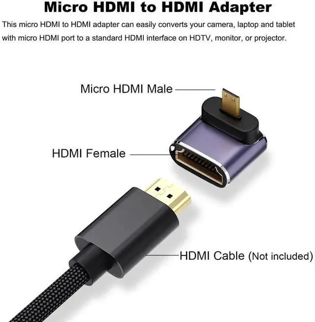 Alt view image 4 of 6 - WRIARICH 2 Pack 90° Up & Down Right Angle Micro HDMI Male to Female Adapter, 8K Micro HDMI to HDMI Extender for Sony A6000 Raspberry Pi 4 GoPro Hero 7 Sport Cameras