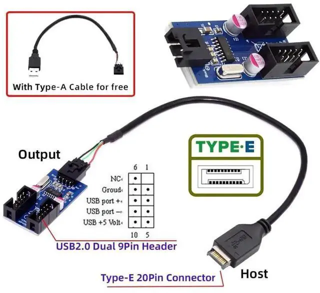 Alt view image 7 of 7 - WRIARICH 0.98FT USB 2.0/3.1 Type-E Front Panel Splitter Cable, 1 to 2 9Pin/10Pin Motherboard Header Hub Extension Adapter