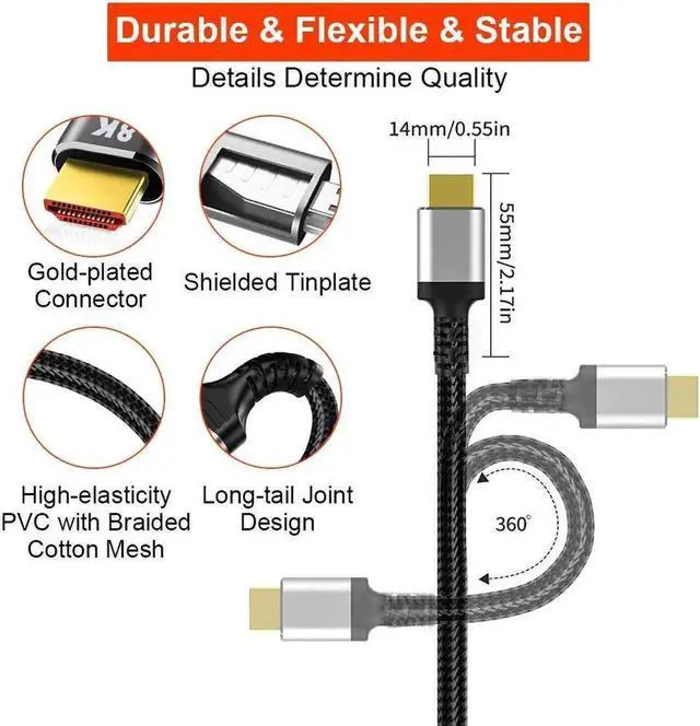 Alt view image 3 of 7 - WRIARICH 8K HDMI Cable 2.1 48Gbps 16.4FT/5M, High Speed HDMI Braided Cord-4K@120Hz 8K@60Hz, DTS:X, HDCP 2.2 & 2.3, HDR 10 Compatible with Roku TV/PS5/HDTV/Blu-ray