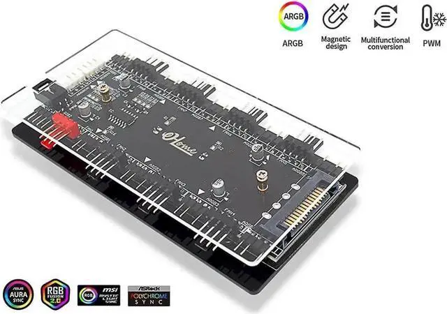 Alt view image 2 of 7 - WRIARICH 8-Port 2-in-1 ARGB PWM Fan Hub, 12V 4Pin to 5V 3Pin ARGB Converter Controller, SATA Powered with PMMA Shell & Magnetic Standoff, Sync Compatible with ASUS/MSI RGB Lighting