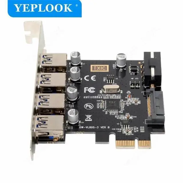 Alt view image 3 of 6 - WRIARICH PCIe X1 to 4-Port USB 3.0 Expansion Card with VL805 Chip, 19Pin Header + SATA Dual Power Supply PCI Express USB Hub Adapter