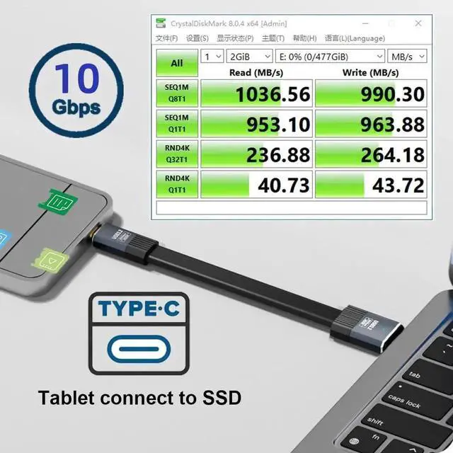 Alt view image 2 of 7 - WRIARICH 100cm USB 3.1 Type A to Type C Cable, 10Gbps Flat FPC Slim Data & Charging Cord, 5V 3A for Laptop, Phone, Drive
