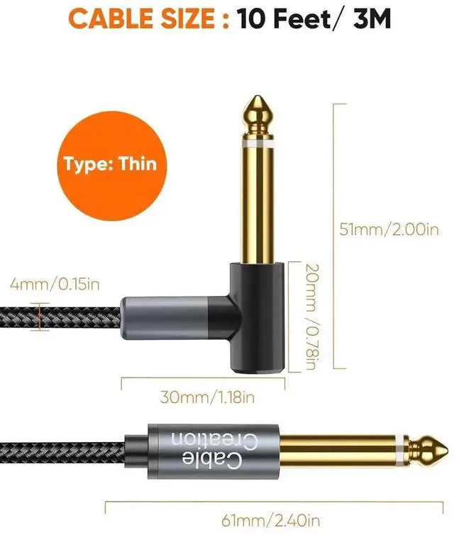 Alt view image 3 of 7 - WRIARICH 10FT Nylon Braided 6.35mm Mono Guitar Instrument Cable, Right Angle 1/4 Inch Male to Male Audio Cord for Electric Guitar, Bass, Keyboard, Amp, Mixer & Speaker