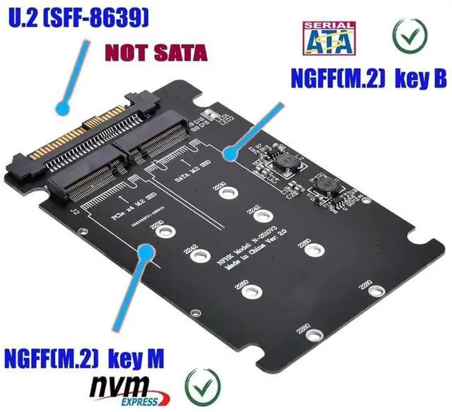 Alt view image 3 of 7 - WRIARICH SFF-8639 U.2 NVMe to Combo NGFF M.2 M-Key SSD Adapter, Dual-Slot PCIe NVMe + SATA M.2 Converter for Motherboard Storage Upgrade, Compatible with Intel 750, P3600, P3700 U.2 Enterprise SSD