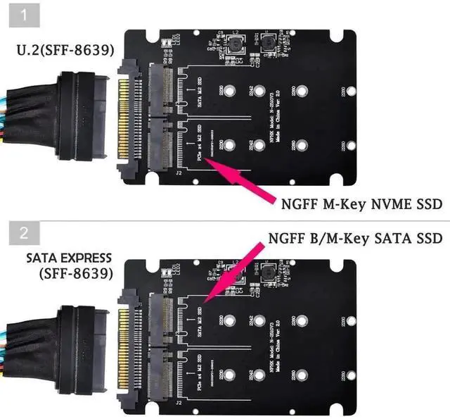 Alt view image 5 of 7 - WRIARICH SFF-8639 U.2 NVMe to Combo NGFF M.2 M-Key SSD Adapter, Dual-Slot PCIe NVMe + SATA M.2 Converter for Motherboard Storage Upgrade, Compatible with Intel 750, P3600, P3700 U.2 Enterprise SSD
