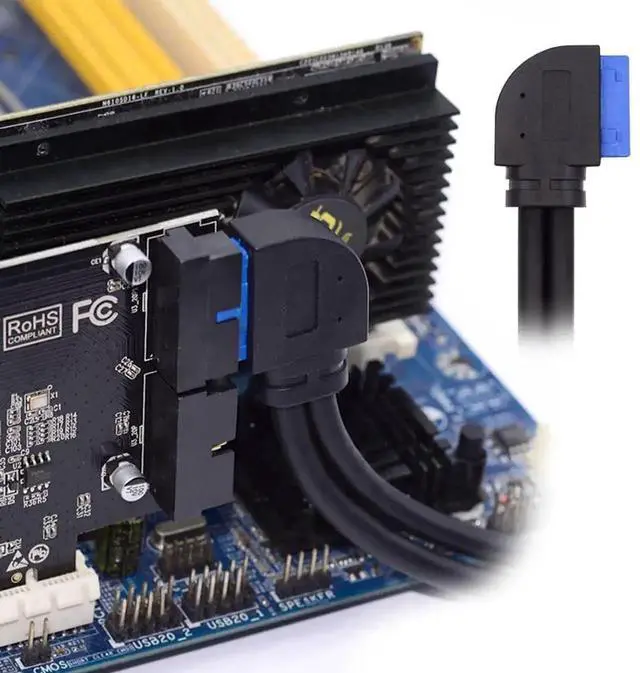 Alt view image 5 of 7 - WRIARICH 30cm 90 Degree Right Angle USB 3.0 Front Panel Cable, Dual USB 3.0 Female to Motherboard 20Pin Male Header with Screw Mount