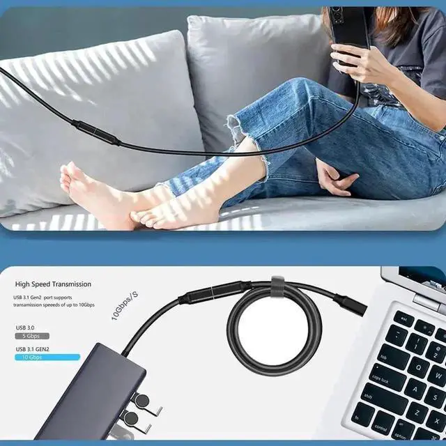 Alt view image 7 of 7 - WRIARICH 2-Pack 6.6FT USB-C Extension Cable, USB 3.1 Gen2 10Gbps 5A PD 100W Charging 4K Video Extender for Switch, MacBook, iPad Pro, Dell XPS, Surface Book