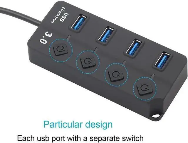 Alt view image 2 of 7 - WRIARICH Powered 4-Port USB 3.0 Hub with Individual On/Off Switches, 1 Smart Charging Port, Power LED & 5V Power Adapter, USB Splitter Extender Compatible with MacBook, Mac Pro, Mac Mini and More