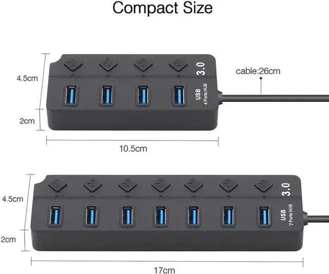 Alt view image 3 of 7 - WRIARICH Powered 4-Port USB 3.0 Hub with Individual On/Off Switches, 1 Smart Charging Port, Power LED & 5V Power Adapter, USB Splitter Extender Compatible with MacBook, Mac Pro, Mac Mini and More