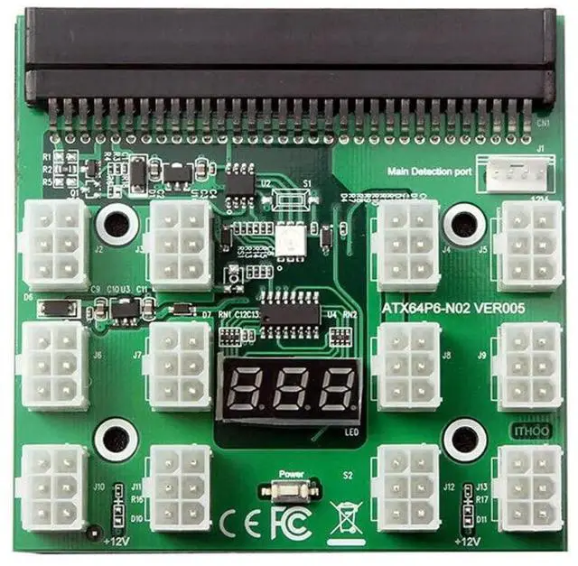 Main image of WRIARICH 64Pin PCIe to 12-Port 6Pin 12V Breakout Board, HP Server PSU Conversion Adapter for BTC ETH Mining Rigs, Antminer & GPU Power Supply