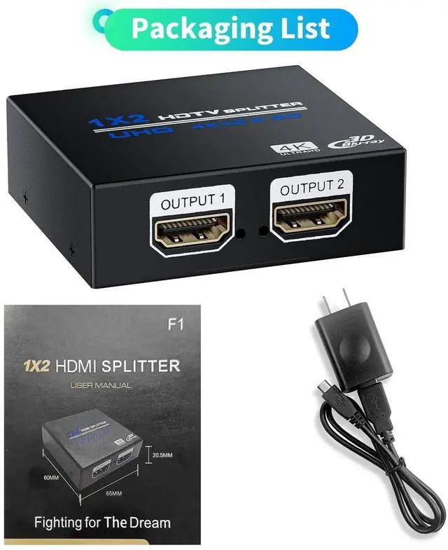 Alt view image 2 of 7 - WRIARICH 1 in 2 Out Powered HDMI Splitter 4K@30Hz, 1x2 HDMI Duplicate Mirror Adapter for Dual Monitors, Compatible with PS5/PS4/Xbox/Fire Stick/Blu-Ray/HDTV