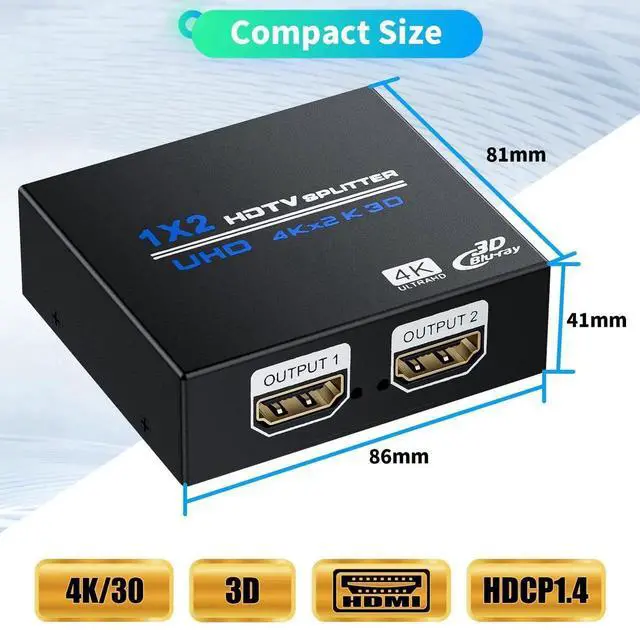 Alt view image 6 of 7 - WRIARICH 1 in 2 Out Powered HDMI Splitter 4K@30Hz, 1x2 HDMI Duplicate Mirror Adapter for Dual Monitors, Compatible with PS5/PS4/Xbox/Fire Stick/Blu-Ray/HDTV