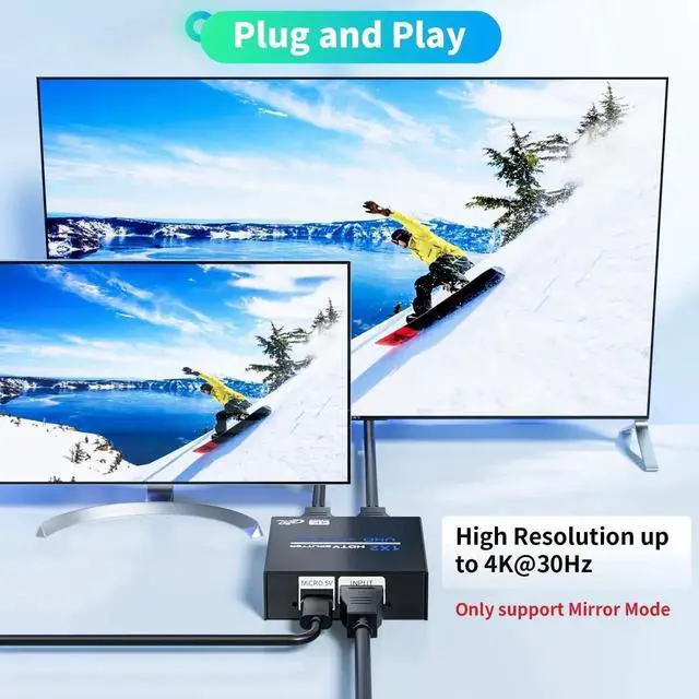 Alt view image 3 of 7 - WRIARICH 1 in 2 Out Powered HDMI Splitter 4K@30Hz, 1x2 HDMI Duplicate Mirror Adapter for Dual Monitors, Compatible with PS5/PS4/Xbox/Fire Stick/Blu-Ray/HDTV