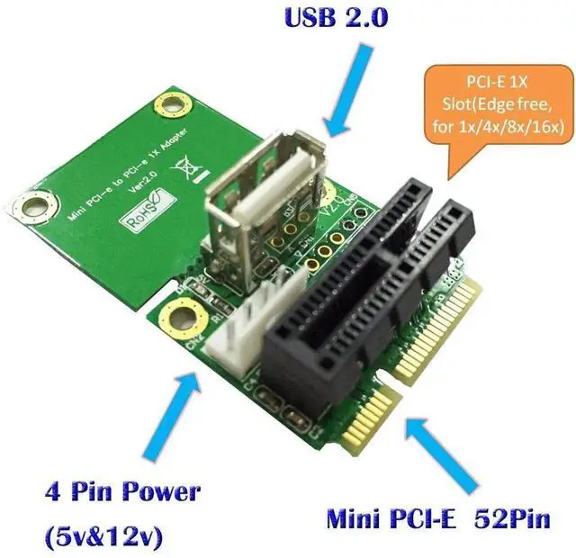 Alt view image 3 of 3 - WRIARICH PCIe 1X to Full/Half Size Mini PCIe Adapter Card with 4Pin to SATA Power Cable, Compatible with Windows XP/7/8/10