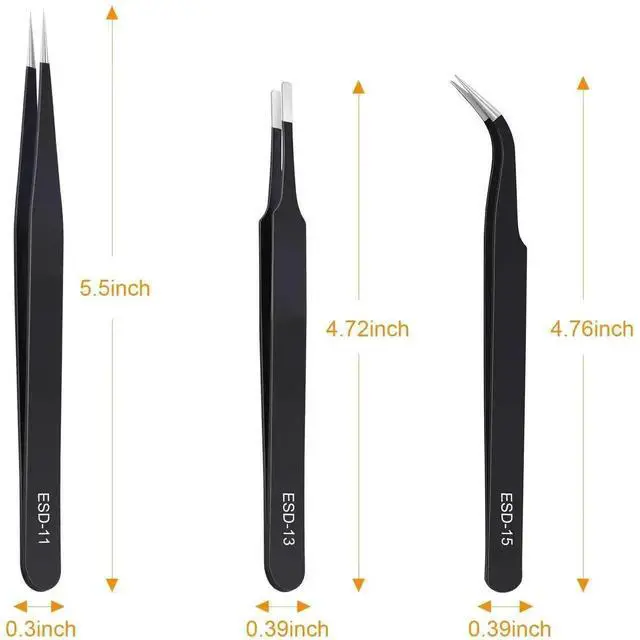 Alt view image 3 of 7 - WRIARICH 3PCS ESD Anti-Static Stainless Steel Precision Tweezers Kit for Soldering, Lab, Jewelry, Model & Craft
