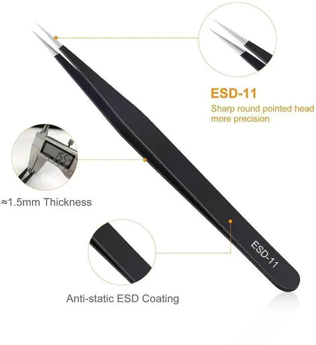 Alt view image 6 of 7 - WRIARICH 3PCS ESD Anti-Static Stainless Steel Precision Tweezers Kit for Soldering, Lab, Jewelry, Model & Craft