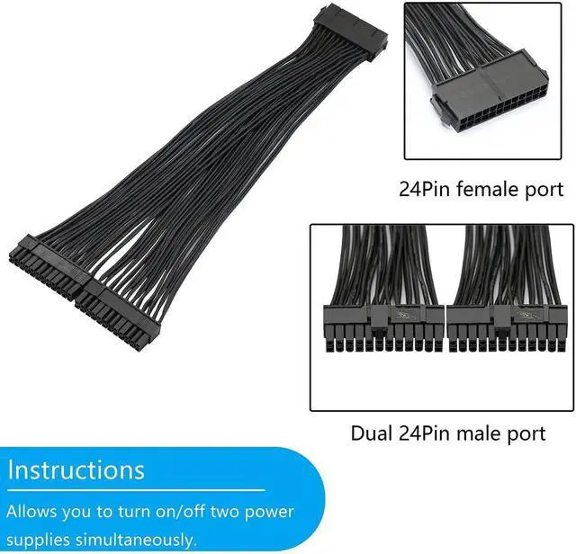 Alt view image 2 of 7 - WRIARICH 32CM(1Ft) ATX 24Pin (20+4) Y-Splitter Power Cable, PSU Female to Dual Male Adapter Cord for Dual Motherboard Synchronous Power Supply