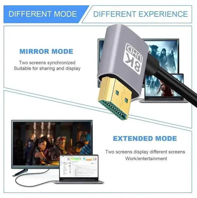Alt view image 4 of 7 - WRIARICH 50cm Ultra Thin Dual Right 90° Angled HDMI 2.1 Cable, Super Flexible Type-A Cord Supports 8K 4K for Computer HDTV