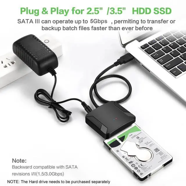 Alt view image 3 of 6 - WRIARICH USB 3.0 to SATA III Hard Drive Adapter Cable with External Power Supply, SATA to USB Converter for 2.5 & 3.5 Inch HDD SSD