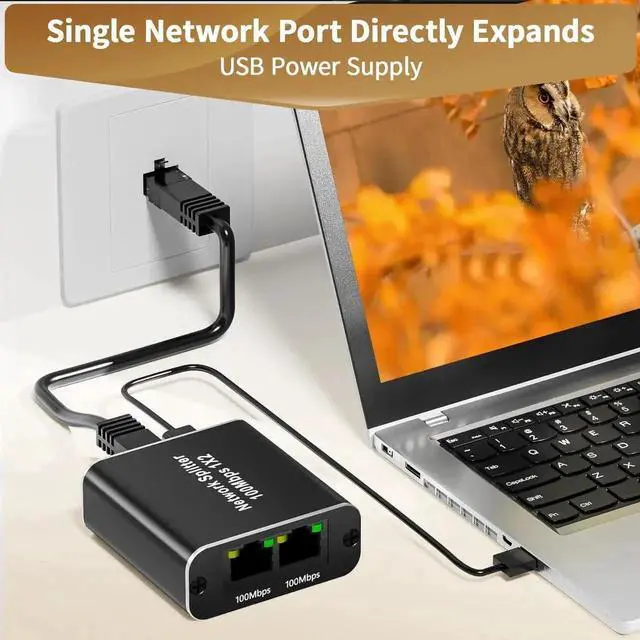Alt view image 3 of 6 - WRIARICH 1 to 2 RJ45 Ethernet Splitter, 100Mbps Active LAN Splitter Adapter with USB Power Cable, Supports 2 Devices Simultaneous Networking, Compatible with Cat5/Cat5e/Cat6/Cat7/Cat8 Ethernet Cables