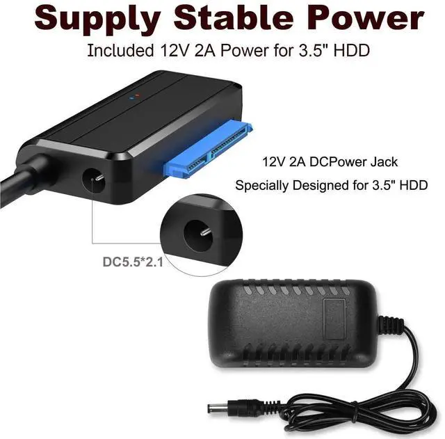 Alt view image 4 of 7 - WRIARICH USB 3.0 to SATA III Hard Drive Adapter Cable with 12V/2A Power Supply, UASP Supported External Converter for 2.5 & 3.5 Inch SATA SSD HDD, Black