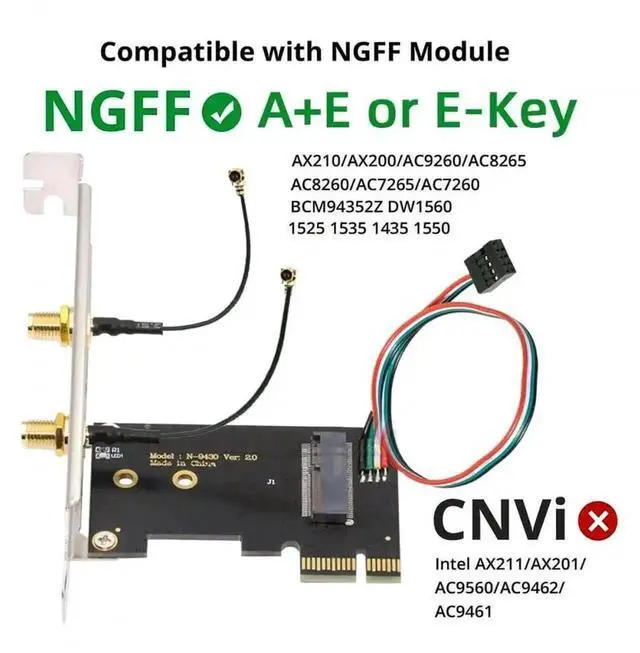 Alt view image 7 of 7 - WRIARICH PCI-E x1 to NGFF A/E-Key WiFi Adapter, Convert M.2 A+E Key WiFi6/WiFi7 Bluetooth Card for Desktop PC