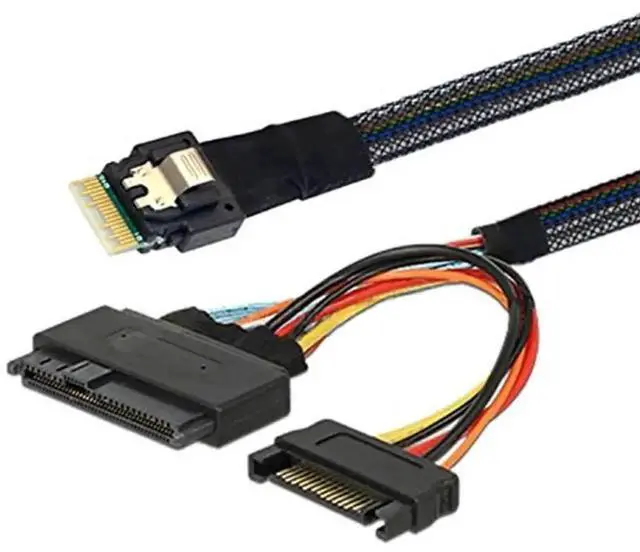 Main image of WRIARICH Mini Slimline SAS SFF-8654 4i 38P to U.2 SFF-8639 Server Cable with SATA 15P Power, 24Gbps, 32AWG, 50cm (19.68in)