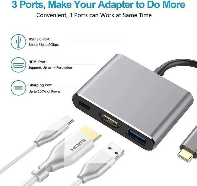 Alt view image 3 of 7 - WRIARICH USB C Multiport Adapter, Thunderbolt 3 to 4K HDMI Video Converter with USB3.0 Hub & PD Fast Charging Port for Laptop Projection Display