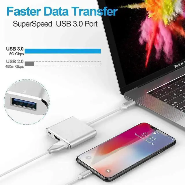Alt view image 2 of 7 - WRIARICH USB C Multiport Adapter, Thunderbolt 3 to 4K HDMI Video Converter with USB3.0 Hub & PD Fast Charging Port for Laptop Projection Display