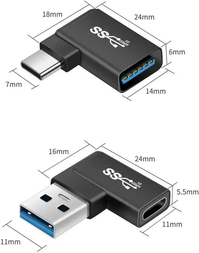 Alt view image 3 of 7 - WRIARICH 2 Pack 90 Degree Right Angle USB 3.0 10Gbps Male to USB-C Female Adapter, OTG Data & Charging Converter for Laptop, Tablet, Phone and Power Bank