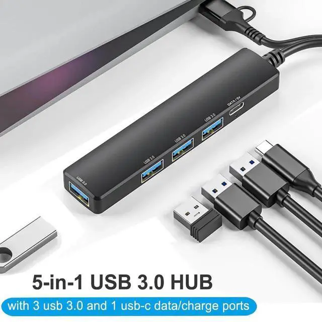 Alt view image 5 of 7 - WRIARICH 5-Port Powered USB 3.0 Hub, USB Splitter Expander with 4 USB-A + 1 PD USB-C Port for Fast Charging & Data Transfer, Compatible with Laptops, MacBook, PC, PS4/5, Xbox, Car and More Devices