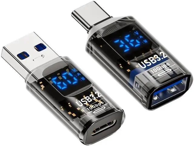 Main image of 2 Pack USB A to USB C Adapter with LED Digital Display, USB 3.2 10Gbps Type C Converter, Real-Time Voltage/Current/Power Monitor, Compatible with iPhone 15 Series, iPad Air/Pro, MacBook, All USB-C Dev