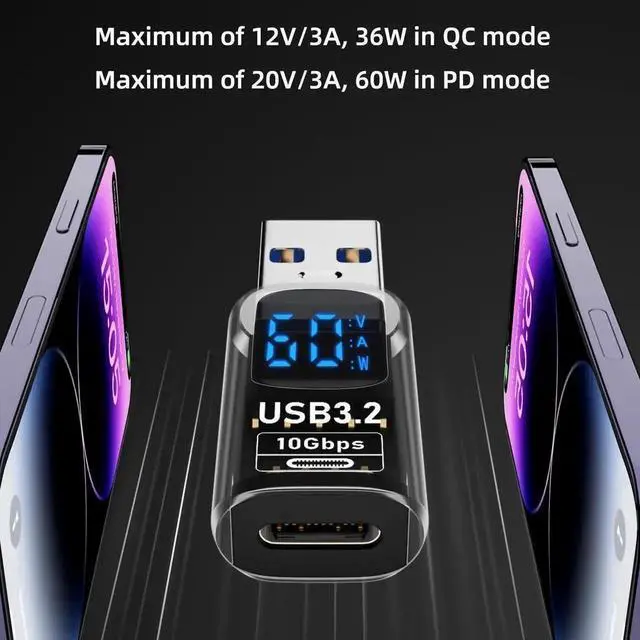 Alt view image 6 of 6 - 2 Pack USB A to USB C Adapter with LED Digital Display, USB 3.2 10Gbps Type C Converter, Real-Time Voltage/Current/Power Monitor, Compatible with iPhone 15 Series, iPad Air/Pro, MacBook, All USB-C Dev