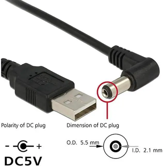 Alt view image 2 of 6 - WRIARICH 120CM USB 2.0 A Male to 90 Degree Right Angled DC 5.5x1.5mm Power Cable, 5V Barrel Connector Charging Cord