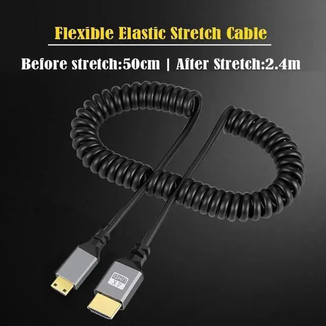Alt view image 3 of 7 - WRIARICH Coiled Stretch Mini HDMI 2.0 Cable Mini HDMI Male to HDMI Male, Straight Connector Supports 4K@60Hz for Laptop HDTV Monitor PC