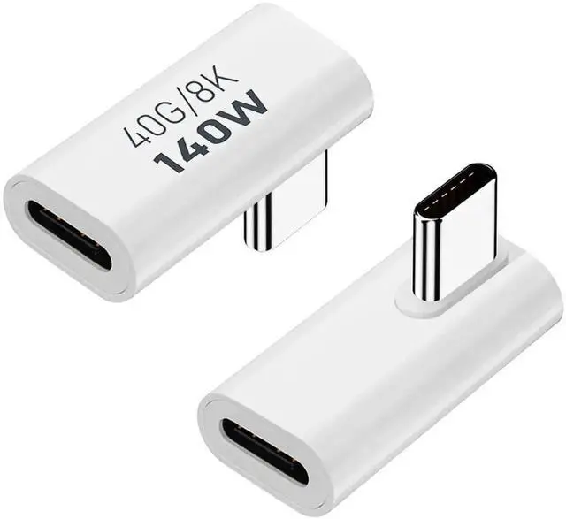 Main image of WRIARICH 2 Pack White 90 Degree Right Angle USB-C Male to Female Adapter, 140W, 40Gbps, 8K@60Hz Extender for Thunderbolt 3/4, Laptops & Phones