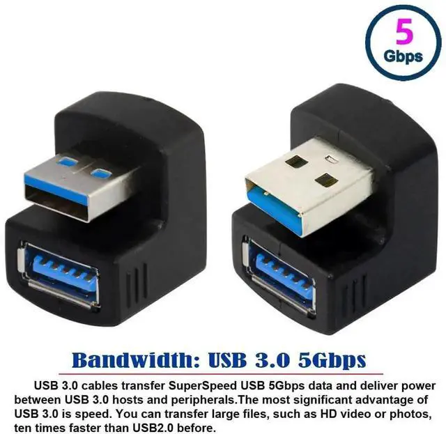 Alt view image 4 of 6 - WRIARICH 2-Pack 180° Up & Down Angled USB 3.0 A Male to Female Extension Adapter, 5Gbps