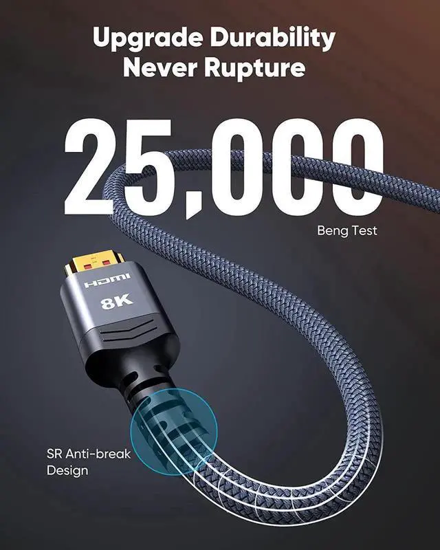 Alt view image 6 of 7 - WRIARICH 10FT/3M Nylon Braided Ultra High Speed HDMI 2.1 Cable, 48Gbps Bandwidth Supports 8K@60Hz, 4K@120Hz/144Hz eARC HDR10 4:4:4 HDCP 2.2/2.3 for PS5 PS4 RTX 3090 PC UHD TV