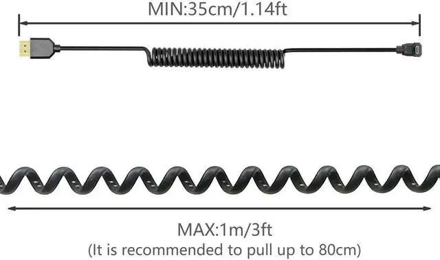 Alt view image 2 of 7 - WRIARICH Down Angled Coiled Micro HDMI to HDMI 2.1 Cable, 48Gbps Telescopic Cord Supports 8K 120Hz Dynamic HDR for Digital Cameras