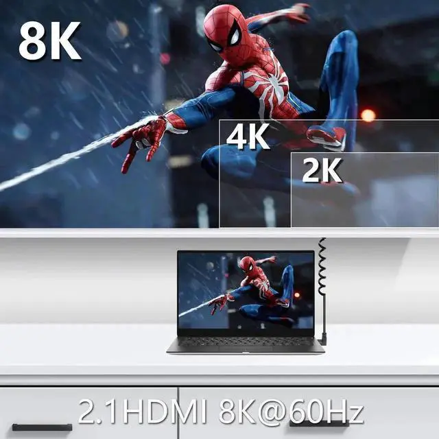 Alt view image 6 of 7 - WRIARICH Down Angled Coiled Micro HDMI to HDMI 2.1 Cable, 48Gbps Telescopic Cord Supports 8K 120Hz Dynamic HDR for Digital Cameras