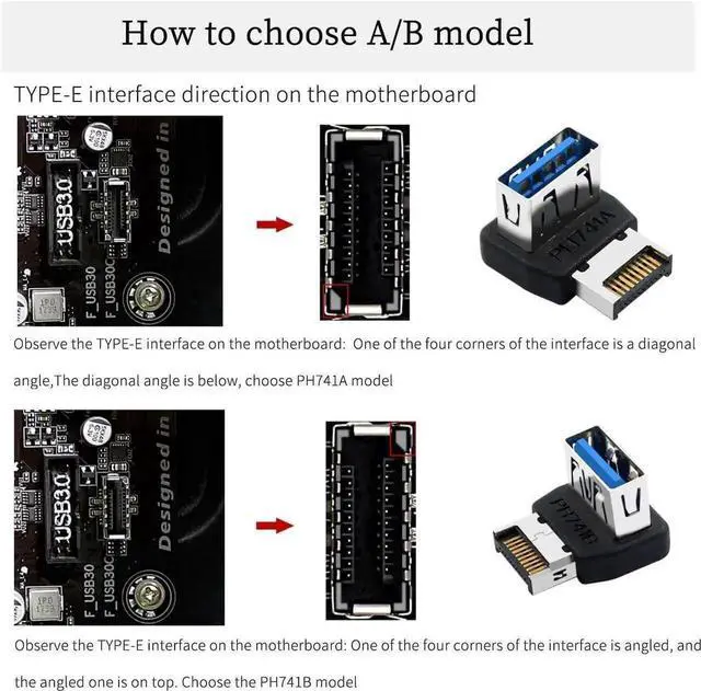 Alt view image 7 of 7 - WRIARICH PH741A Type-E to USB 3.0 90-Degree Adapter 10Gbps Front Panel Header Socket with Housing for PC Motherboard