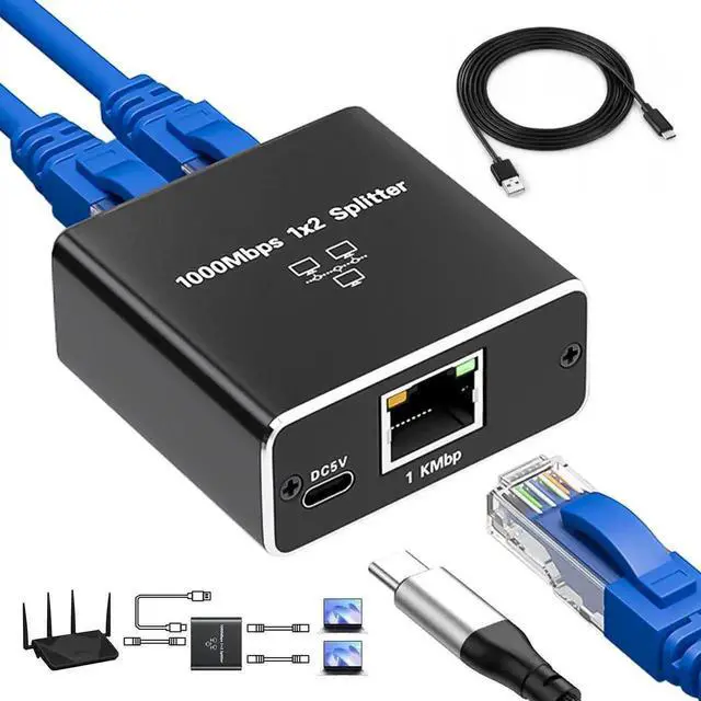 Main image of WRIARICH 1000Mbps Gigabit RJ45 1 to 2 Ethernet Splitter Adapter, RJ45 Network Cable Splitter Extender Connector Compatible with Cat5/Cat5e/Cat6/Cat7/Cat8 LAN Cables for Home Office Surveillance