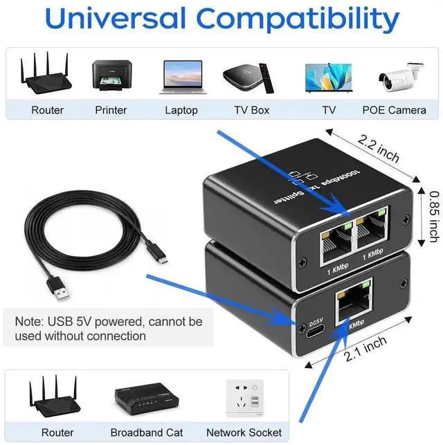 Alt view image 4 of 7 - WRIARICH 1000Mbps Gigabit RJ45 1 to 2 Ethernet Splitter Adapter, RJ45 Network Cable Splitter Extender Connector Compatible with Cat5/Cat5e/Cat6/Cat7/Cat8 LAN Cables for Home Office Surveillance
